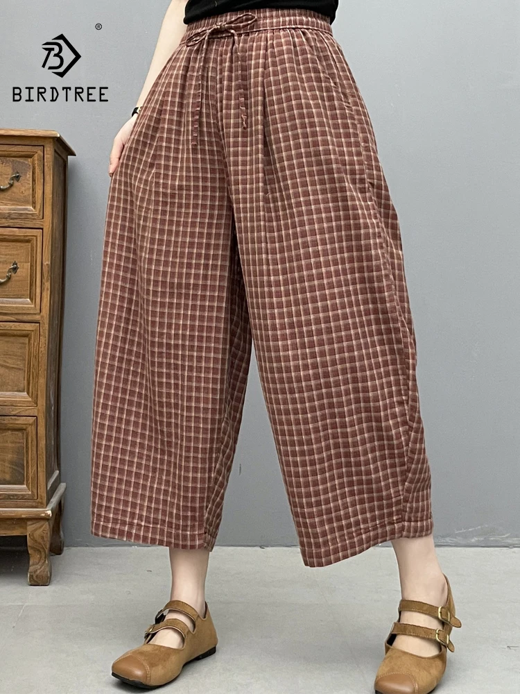 New 2026 Summer Women Cotton Yarn Trousers, Elastic Waist Plaid Lace-up, Mori Girl Fashion Casual Thin Wide-leg Pants B65525CC