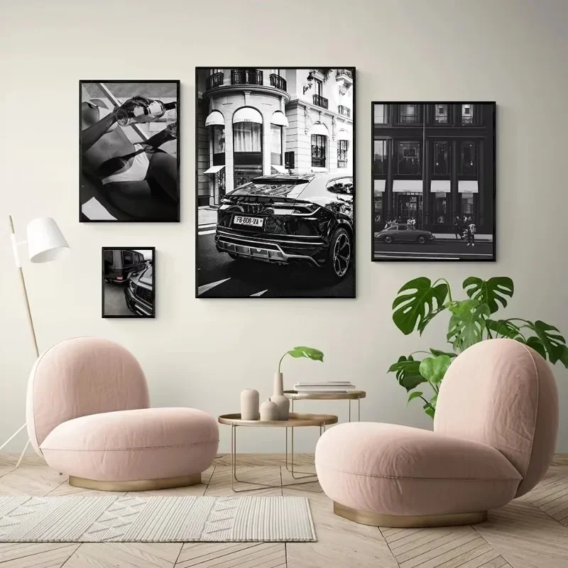 Black Colour Cool Trendy Fashion Sexy Women Wall Art Poster Dog and Luxury Car Decoration Bedroom