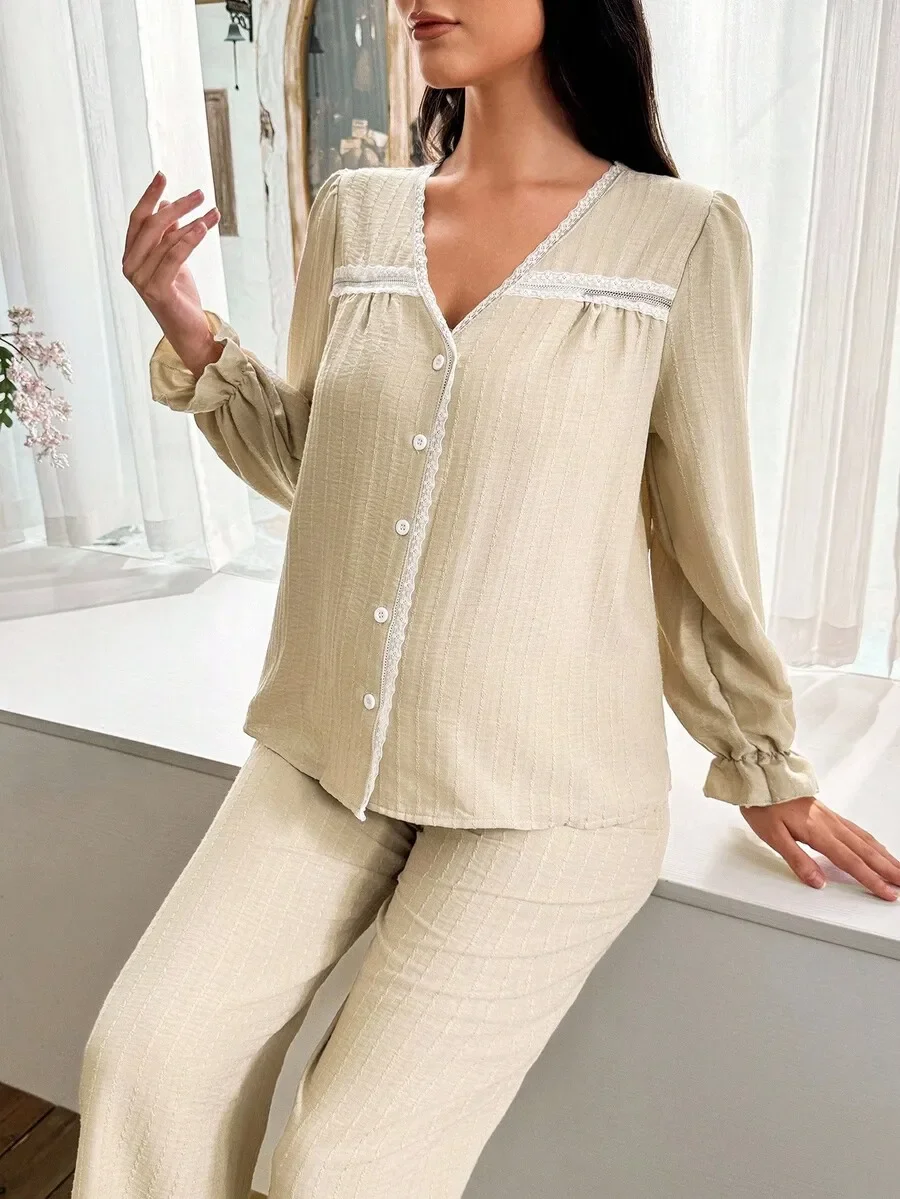 

Womens V-Neck Lace Trim Pajama Set With Long Sleeves And Pants