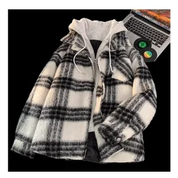 Zipper Hooded Warm and Trendy Loose Fitting Fake Two-piece Checkered Cotton Jacket for Men, Autumn and Winter 2024