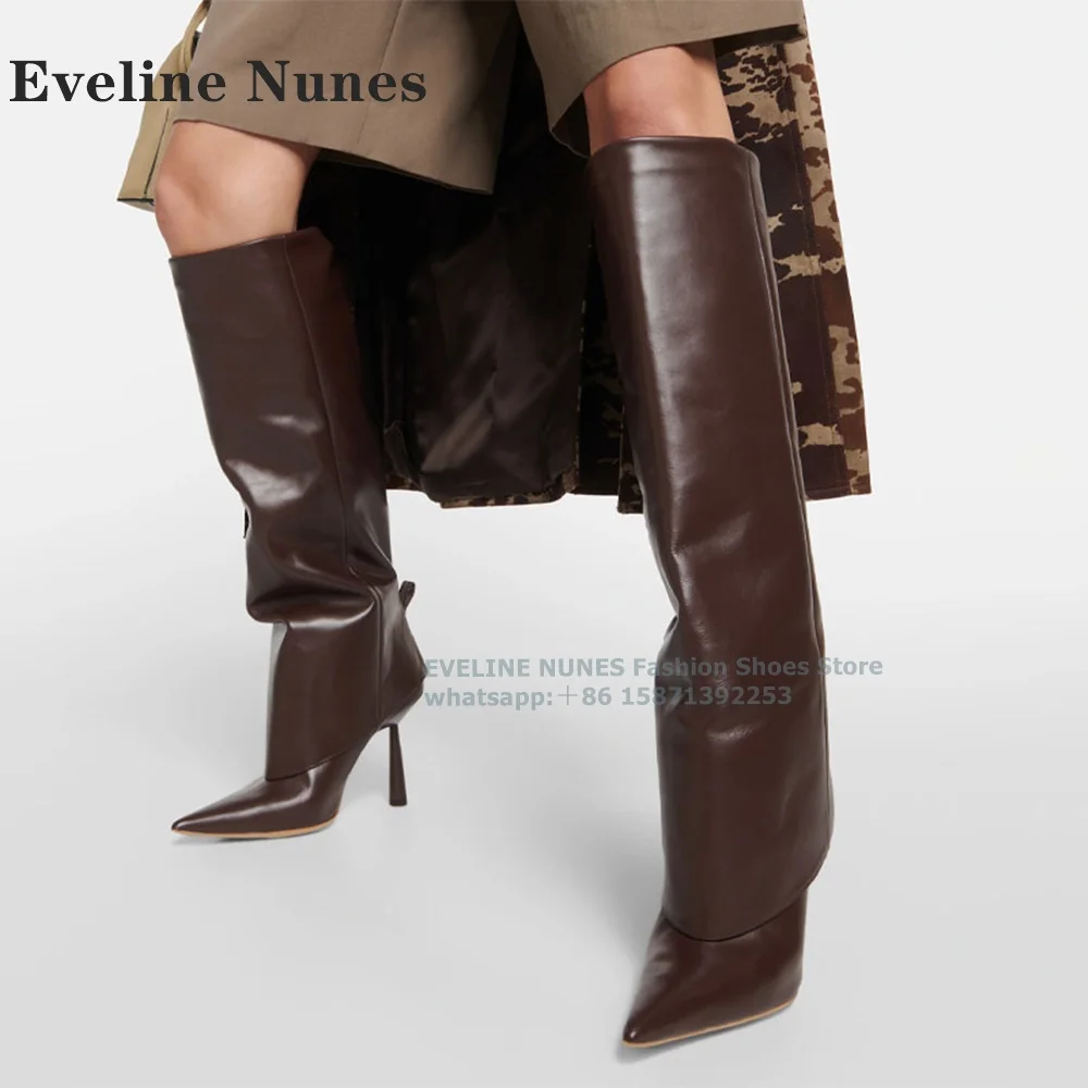 

Brown Croc-Pattern Fold Down Knee High Boots Pointer Toe Thin Heels Splicing Women Sexy Sleek Modern Booty 2024 Winter Newest