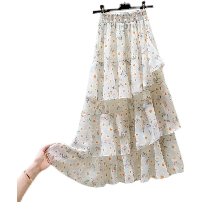 Summer 2024 Floral Print Asymmetrical Hem A-Line  Skirt Women's Fairy T Cake Skirt High Waist Polyester Fiber Commute ...