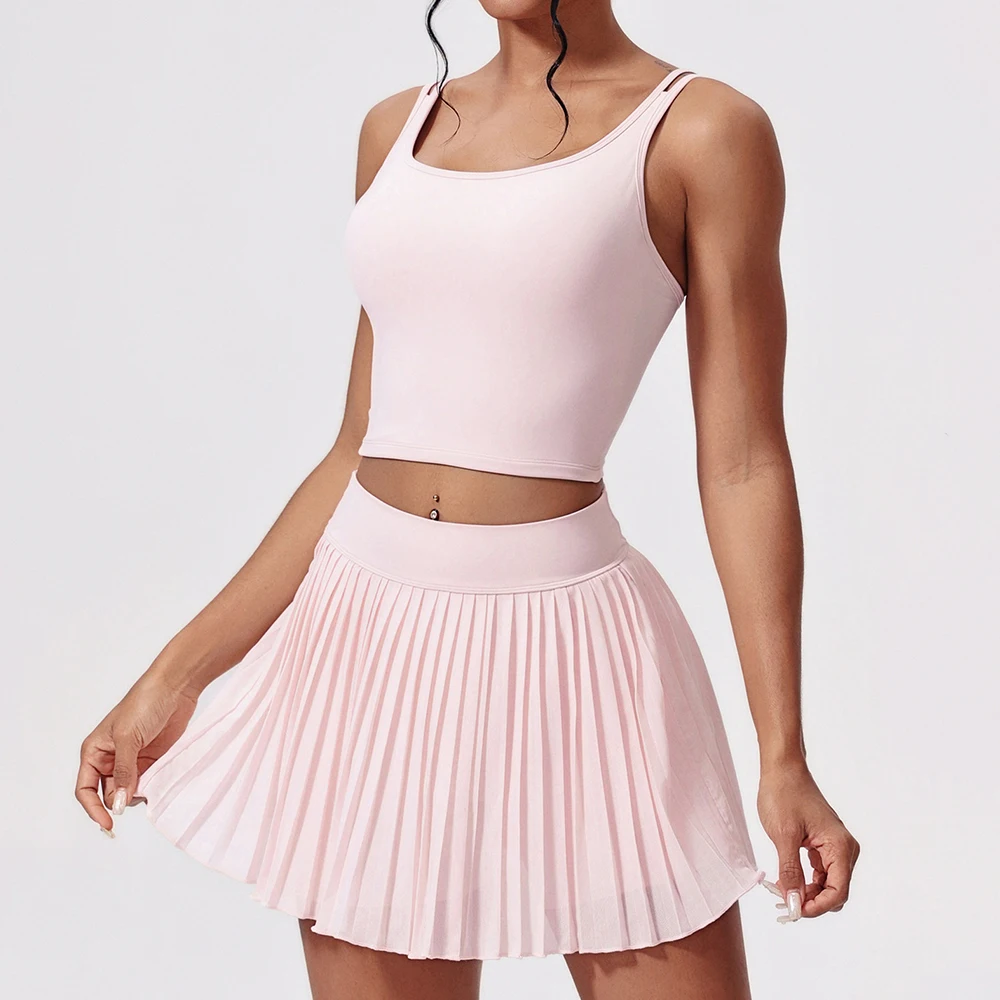 2 قطعة ملابس رياضية الصيف في الهواء الطلق الترفيه تنورة قصيرة اليوغا مجموعة النساء الصالة الرياضية الملابس تشغيل الرياضة اللياقة البدنية مجموعة تنفس ملابس رياضية لليوجا #4