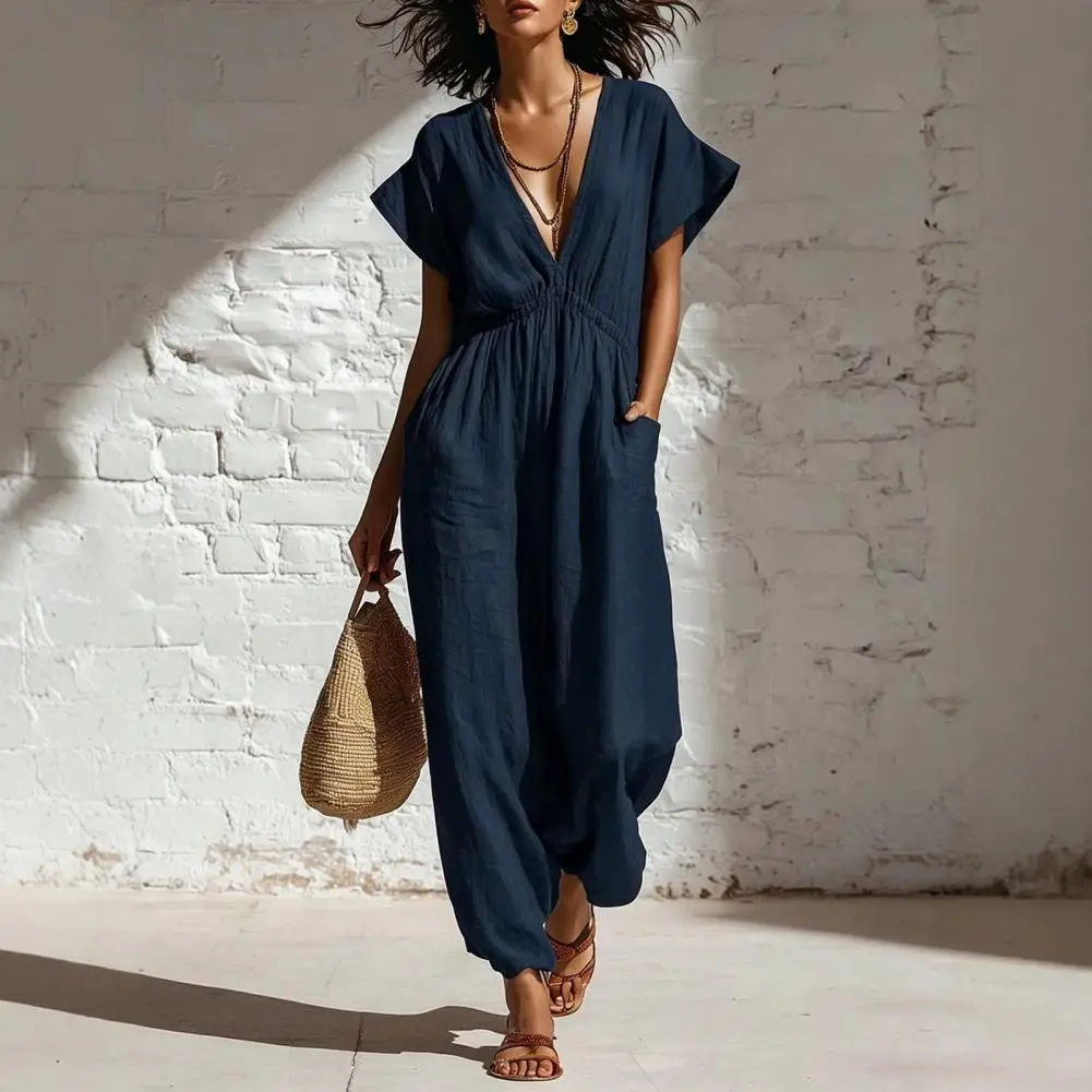 

Everyday Wear Jumpsuit Casual Loose Polyester Wide Leg Vacation Rompers, Summer One Piece Outfits with Pockets