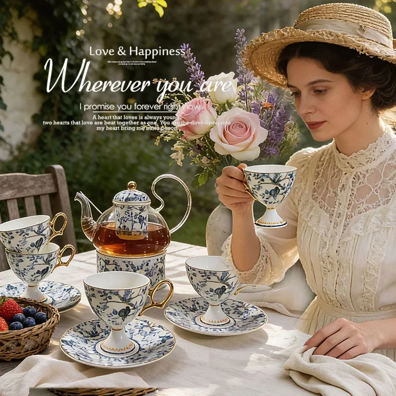 Fine Bone China European Tea Set,Coffee Cup & Saucer,Teapot, Footed Mug,Elegant Afternoon Drinkware for Home Kitchen,Luxury Gift