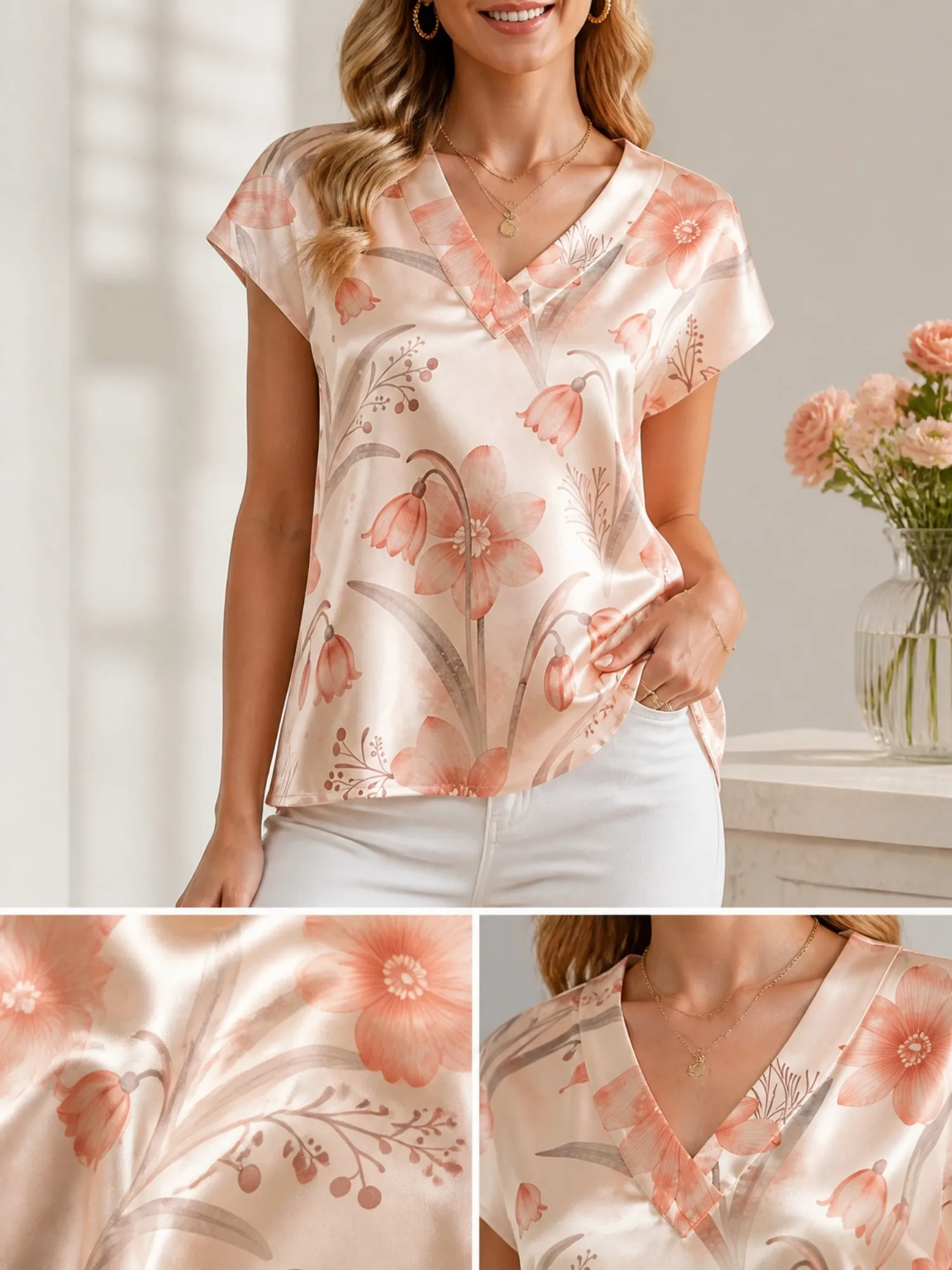 Floral Satin V Neck Top for Women Cap Sleeve Flowy Draped Fit Silky Elegant Holiday Travel Wear Lightweight Breathable Versatile