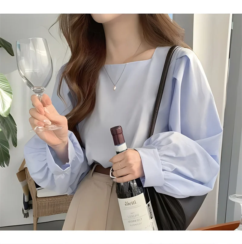 PLAZSON 셔츠 & 블라우스 Pullover Women Blouses Elegant Streetwear Casual Loose White Blue Long Sleeve Vintage Oversize Shirt Tops