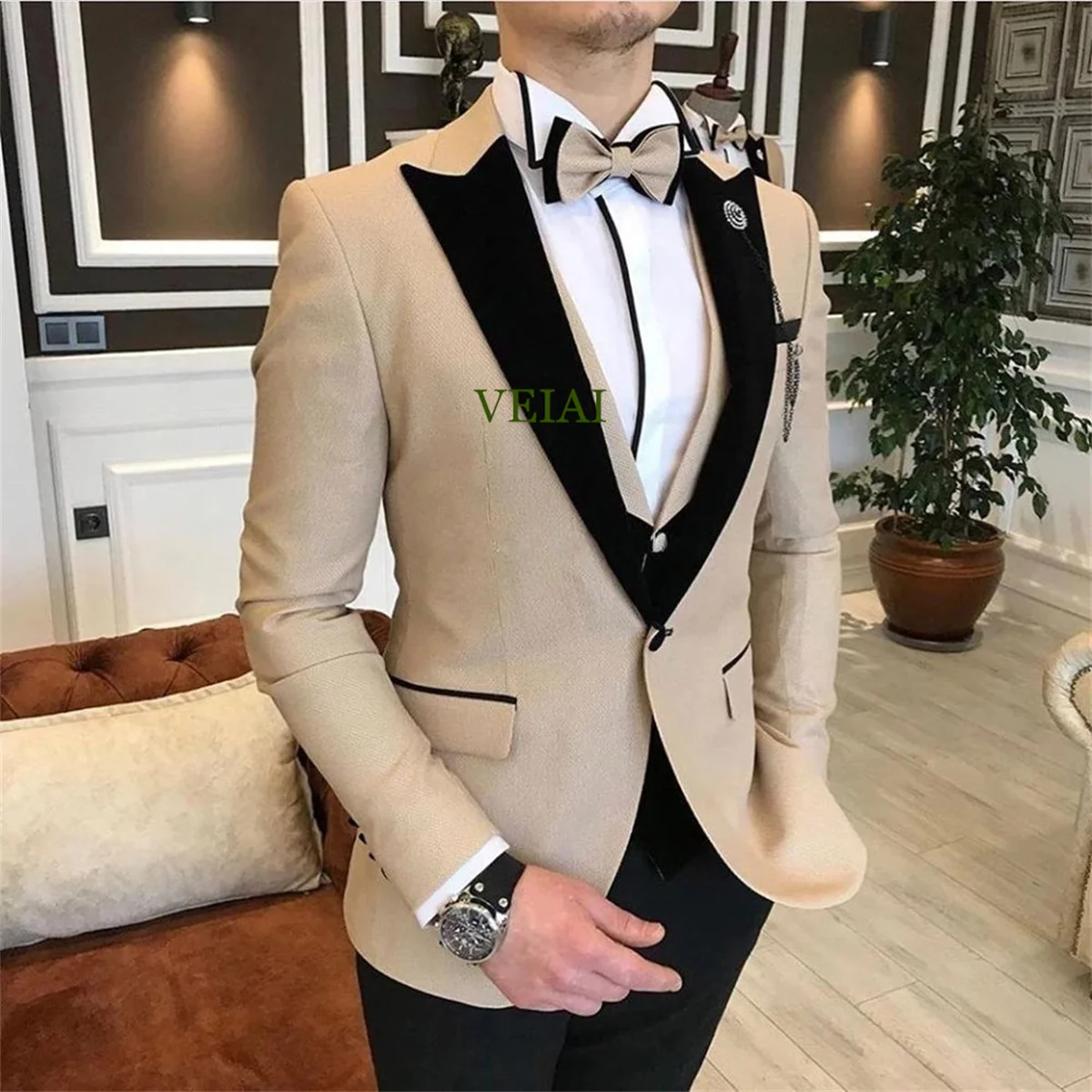 Terno masculino feito sob encomenda, 3 peças, bege, blazer casual, negócios, cavalheiros, noivo, casamento, melhor homem, smoking