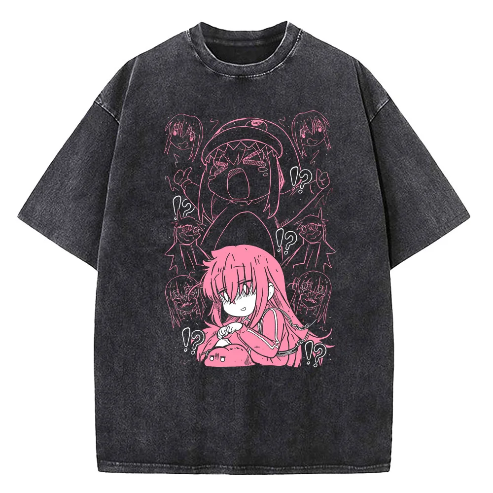Vintage Men Printed Tshirts Bocchi Club Music Band Anime Bocchi The Rock Cotton Tops Creative Crew Neck Tees Washed TShirt