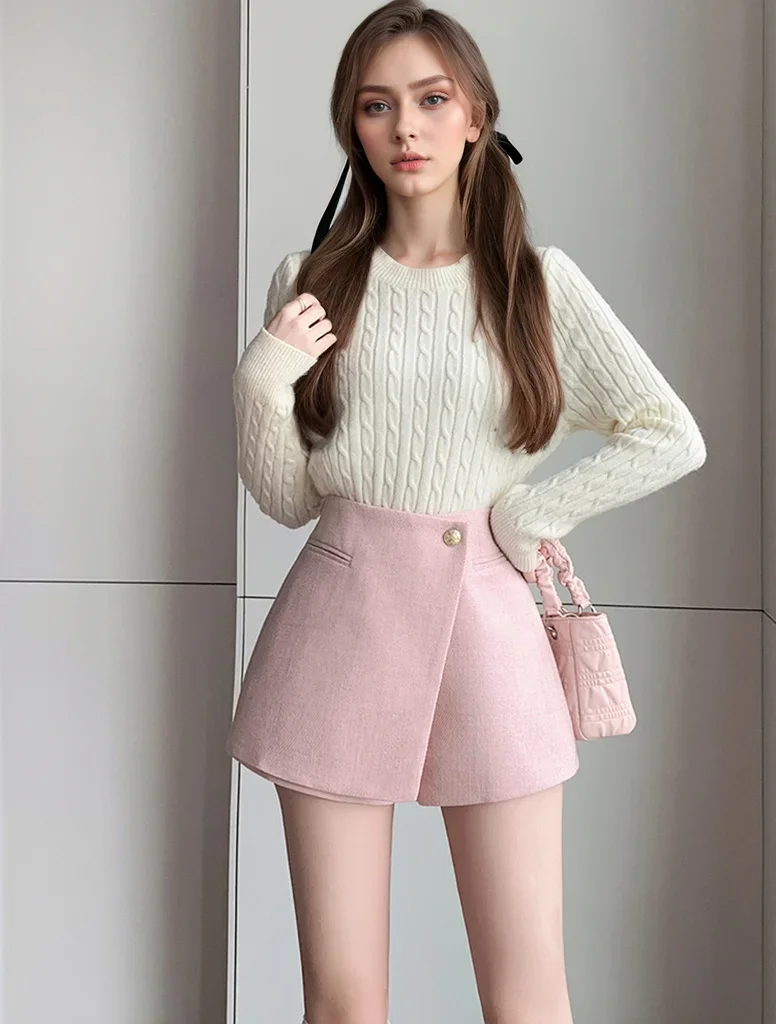 

Pop Pink Irregular Winter Wide Leg Women Wool Skirts Shorts With Button High Waist Work Office Wear Slim Short Pants Female