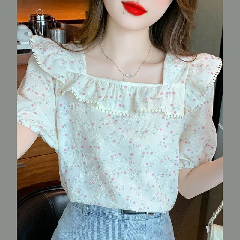Sweet Square Collar Ruffles Printed Puff Sleeve Blouses Female Clothing 2024 Summer New Loose All-match Tops Chic Chiffon Shirts
