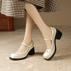 NEW Spring Women Pumps Genuine Leather Shoes for Women Round Toe Chunky Heel Shoes Retro Mary Janes Carving College Girl Shoes