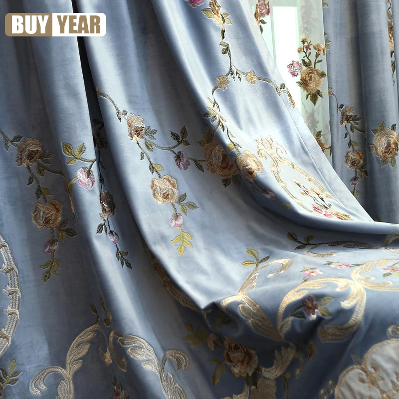 American luxury Velvet Embroidered Full Blackout Curtain European Pastoral Curtains for Living Dining room Bedroom Tulle Custom