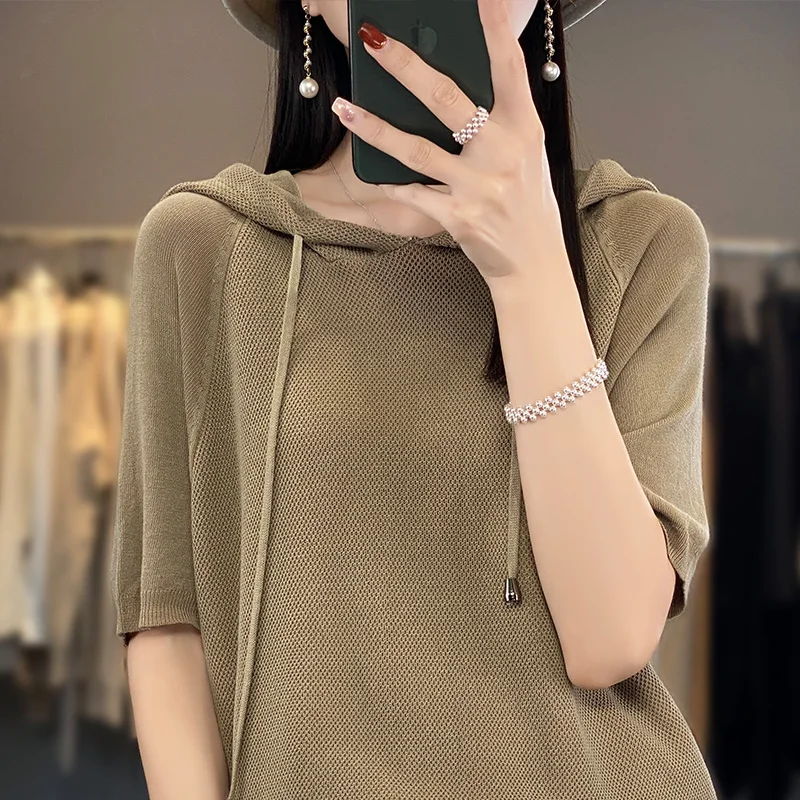 Women New Summer Cool Short-sleeved Tees Hooded Collar Fashion Solid Color Pullover T-shirt Casual Knit Loose All-match Top