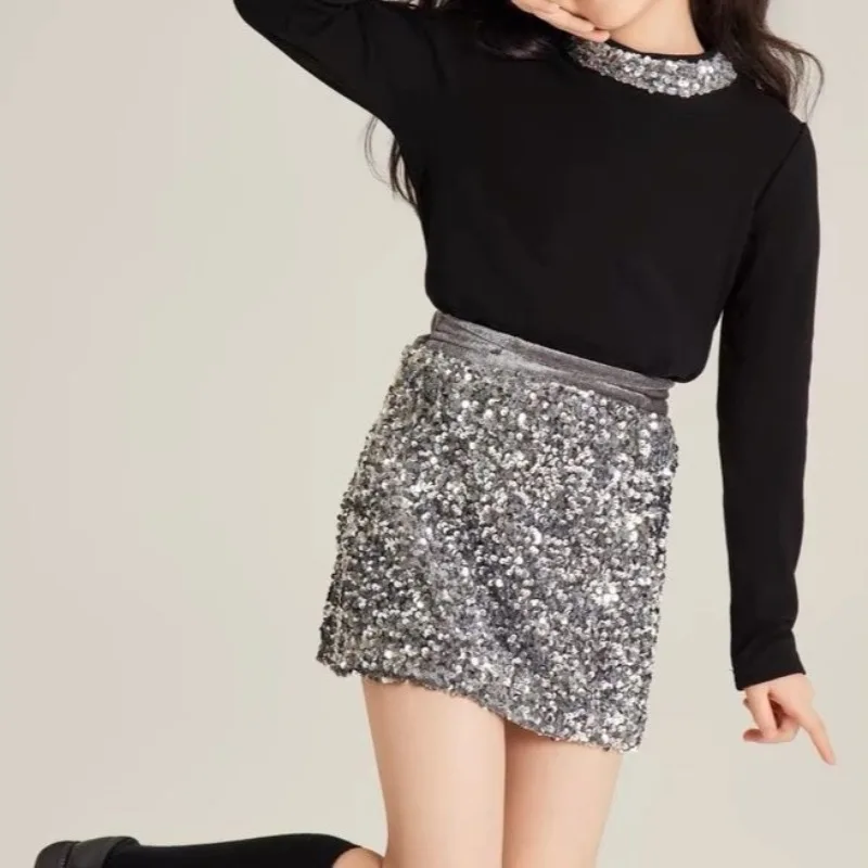 2025 New Girls' Velvet Glitter Slim Fit Mermaid Skirt All Season Fashion Plus Size Short Skirt