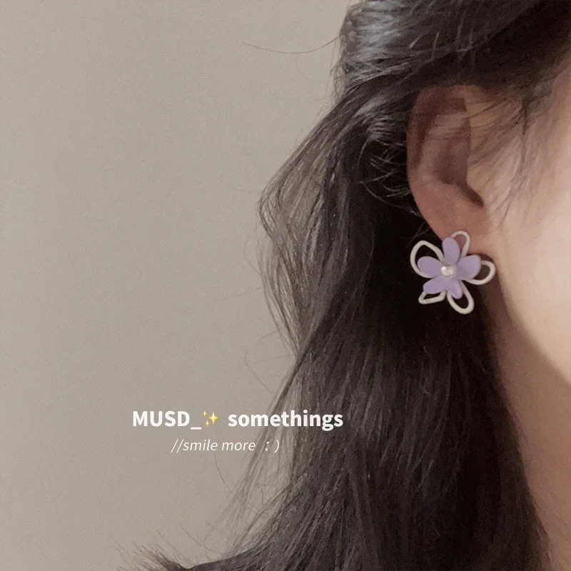 Earrings Asymmetrical Contrast Flower Stud with Clip Sweet Fresh Elegant Versatile Minimalist  Daily Casual Office Jewelry