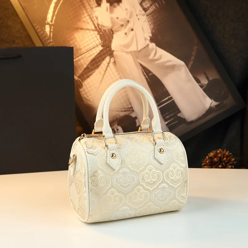 Women Retro Embossed Pattern Boston Bag Faux Leather Top Handle Handbag Detachable Crossbody Shoulder Purse