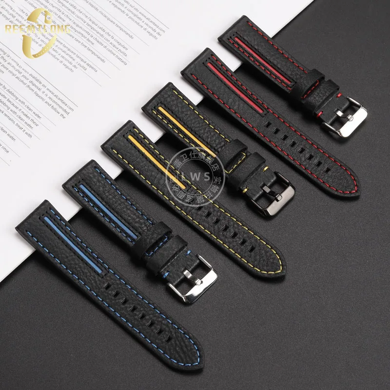 Cowhide lea/ther watch strap 22mm sport outdoor black yellow red blue lines men\'s watchband For CASIO EDIFICE EFR-303L EFR-303D