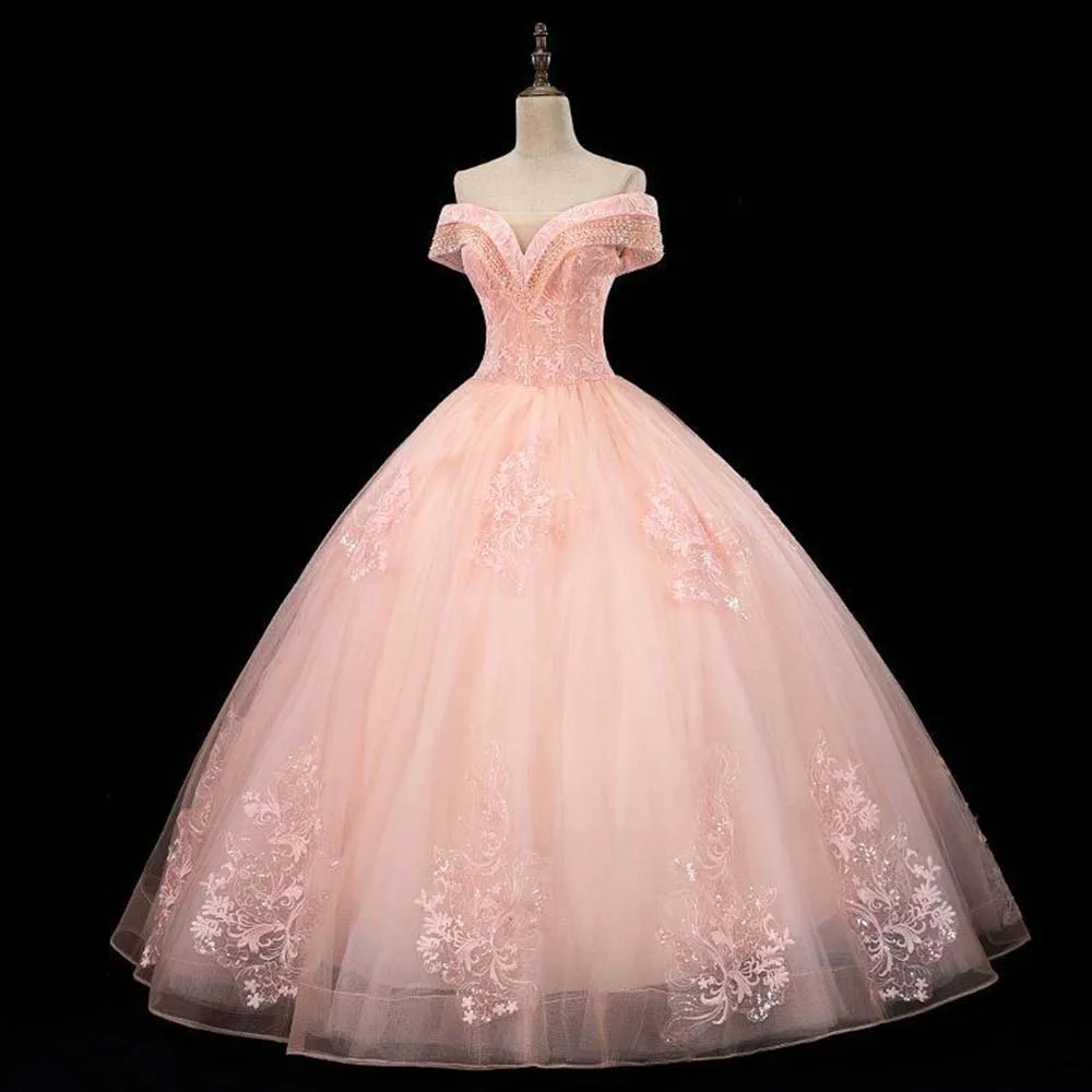 

GUXQD Pink Sweetheart Ball Gown Quinceanera Dresses For 15 Party Sexy Off-Shoulder Lace Tulle Cinderella Birthday Gowns