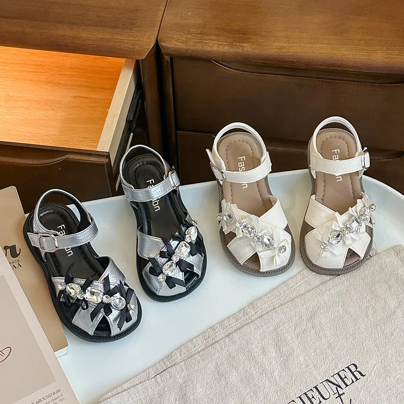 Kids Casual Shoes Sandals PU Leather Bow Fashion Summer Shoes For Girls Hook and Loop Anti-slip Silver Black Shoes Size 23-36