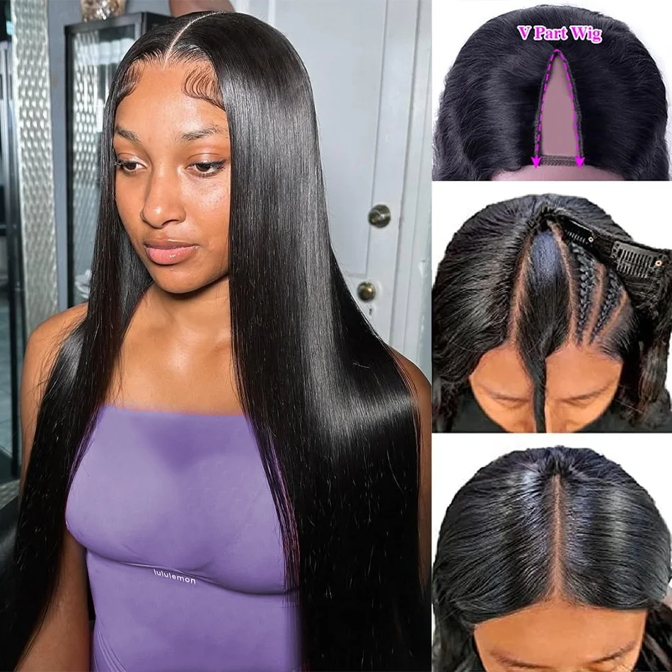 

V Part Wig Straight Human Hair Wigs For Women 230 Density U Part Human Hair Wigs Natural Black 30 Inch Wear And Go No Leave Out