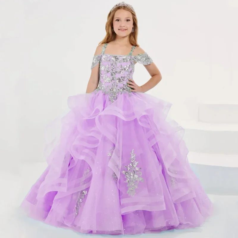 Vestidos de niña de flores sin mangas para boda, fiesta de cumpleaños, banquete, vestidos de princesa, tul azul cielo, apliques de flor plateada escalonados