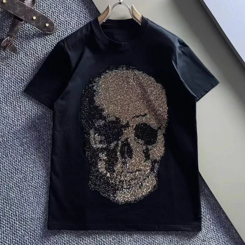 Alex Plein Skulls Rhinestones Crystal Streetwear Men\'s Fashion Clothing Crew Neck 2023 Summer Short Sleeve Couple Cotton Tshirt