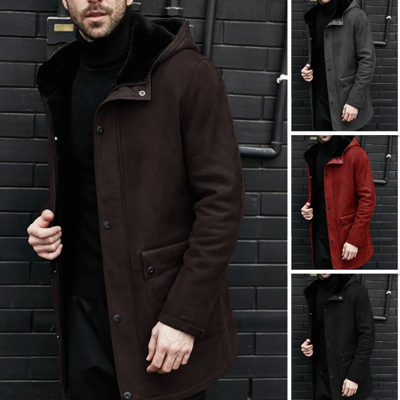 Long Jacket Fur Integrated Suede Jacket Multi-button Hooded Mens Coat