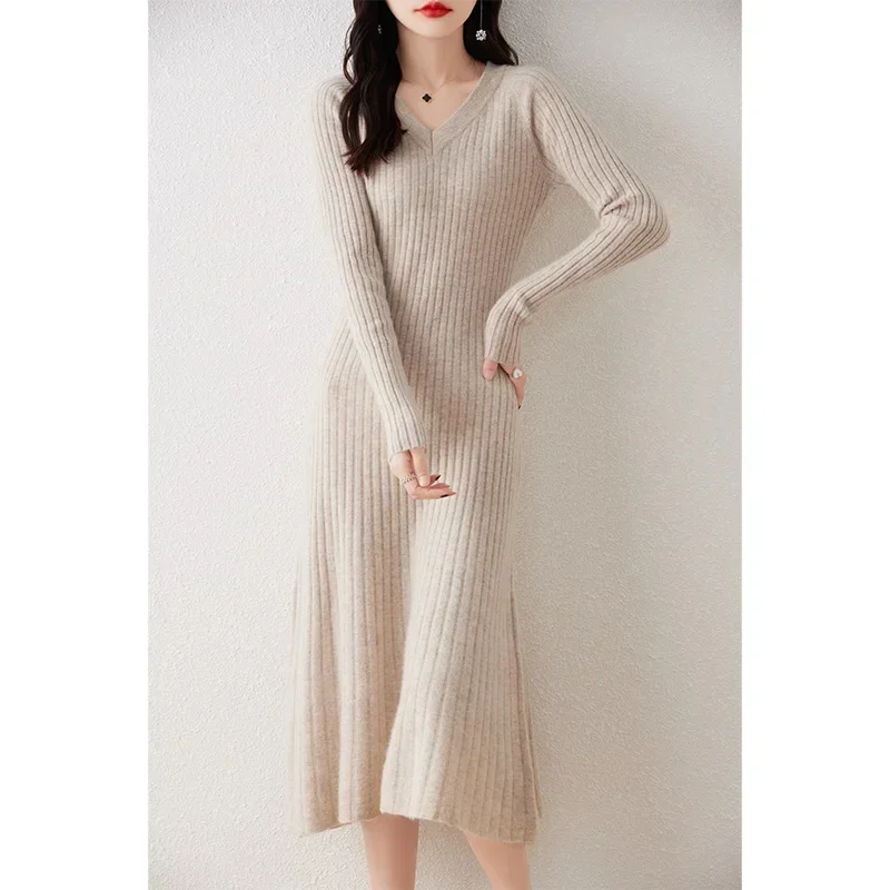 2023 Autumn Winter High Elasticity 100% Wool Sweater Dress Women Thicken Warm Slim Dresses Female Casual Basic Knitted Pullover