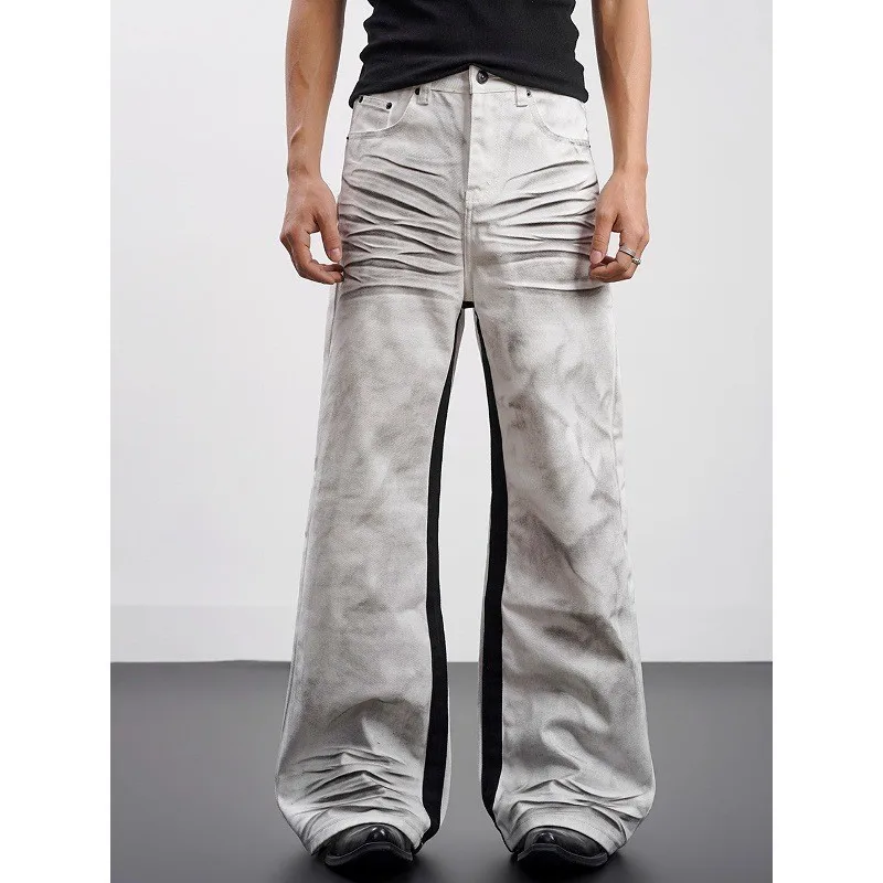 

American High Street Dir Dyed Jeans Men's Women's Cleanfit Design Wide Leg Floor-Length Pants Micro Flared Slimming T...