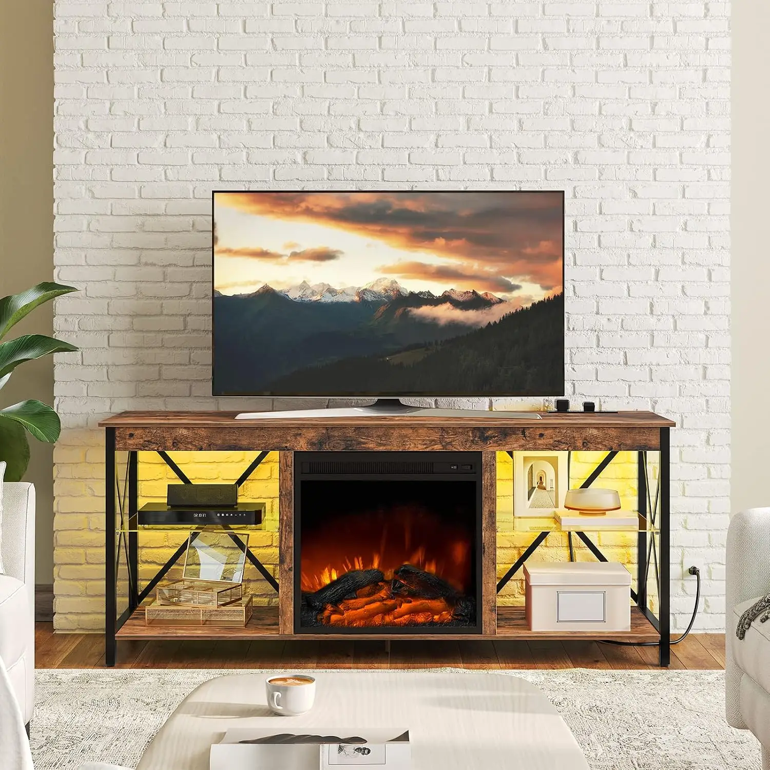 Fireplace TV Stand with Charging Station and LED Lights, for TVs up to 65