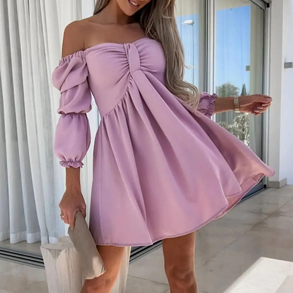 Puff Sleeves Dress Lady Summer Mini Dress Stylowa damska sukienka mini z odkrytymi ramionami i rękawami bąbelkowymi Wysoka talia Miękka