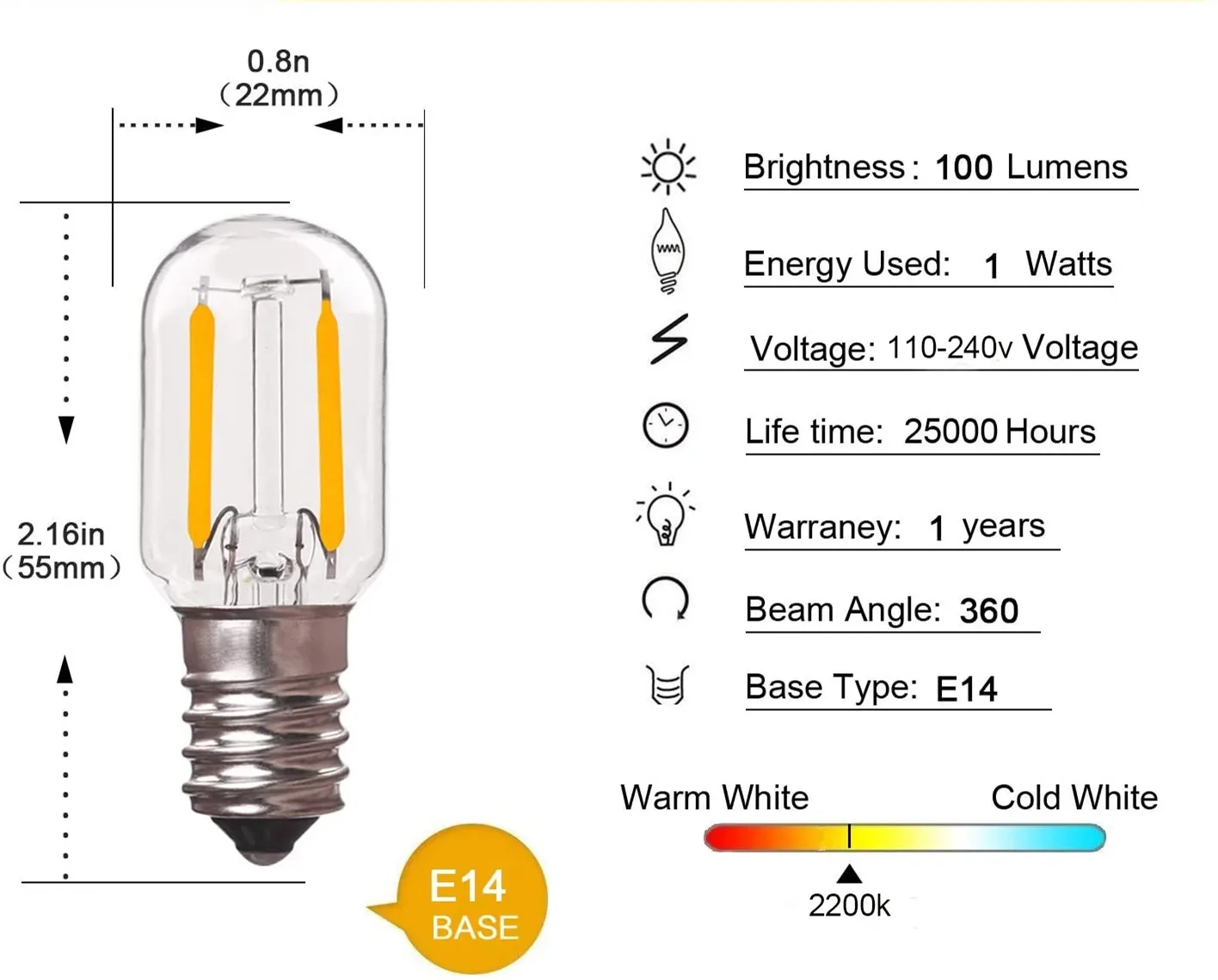 6PCS 220-240V T20/T22 1W Edison LED Bulbs E14 Tubular Filament Bulb Glass Warm White Refrigerator Ovens Hanging Salt Lamp Bulb