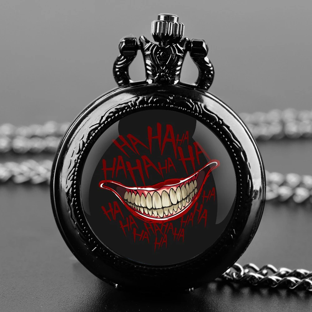 Delicate Gifts Quartz Pocket Watch Joker Laugh Design Glass Dome Necklace Pendant Clock for Mens Womens