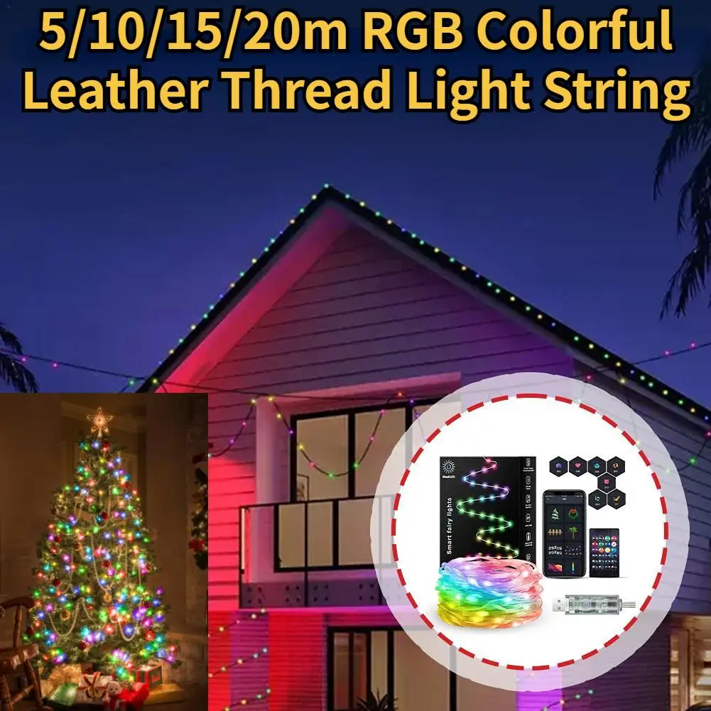 5/10/15/20m RGB fil de cuir coloré chaîne lumineuse intelligente Bluetooth contrôle LED chaîne lampe extérieure pour maison arbre de noël