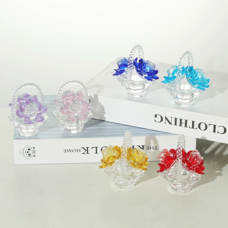 Flower Basket Crystal Ornament Figurine Art Decoration for Home Table Centerpiece Wedding Office Living Room TV Shelf Decoration