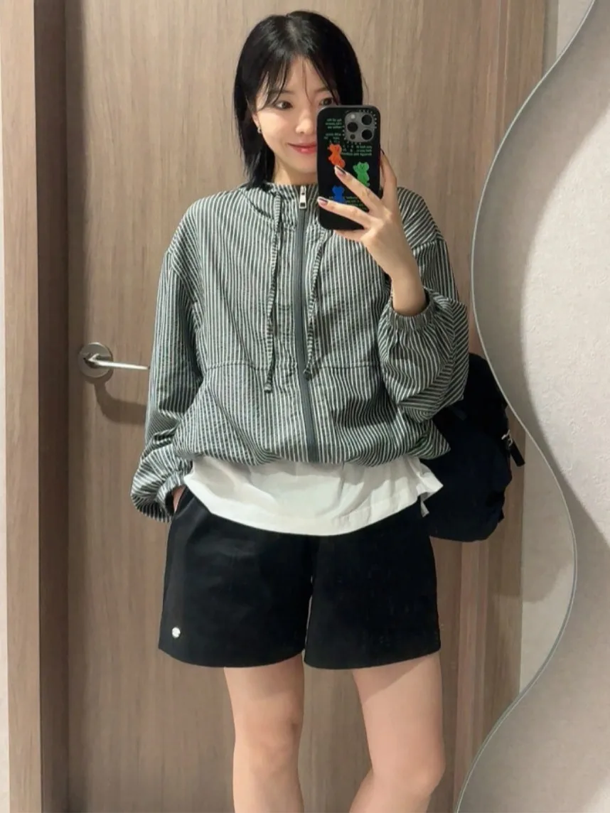 

Korean Lazy Sle Color Blo Striped Hooded ort Jaet Women's Autumn New Retro Youth Casual Long Sve Top