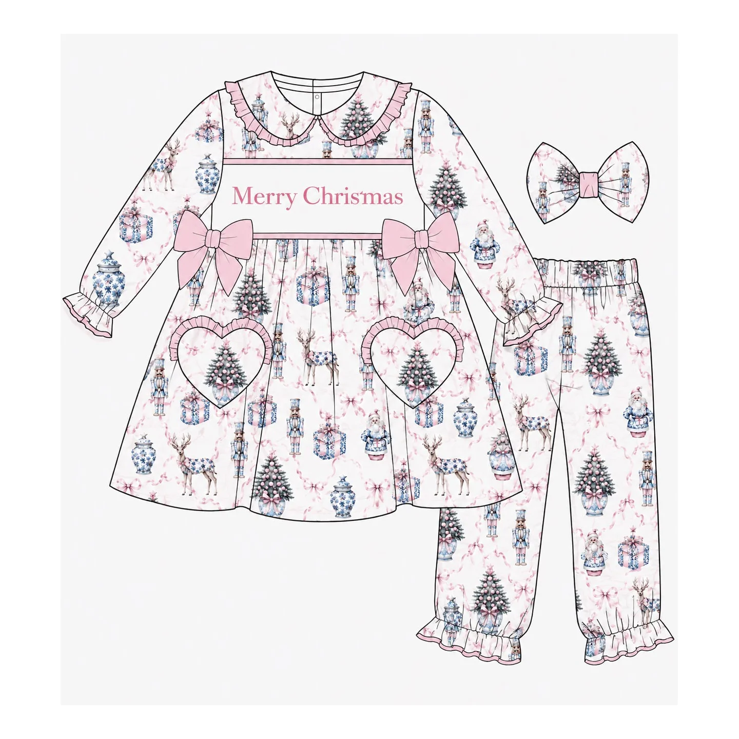 Boutique Pink Bow Nutcracker Christmas Outfits Toddler Girls Ruffle Pajama Set Matching Baby Blanket