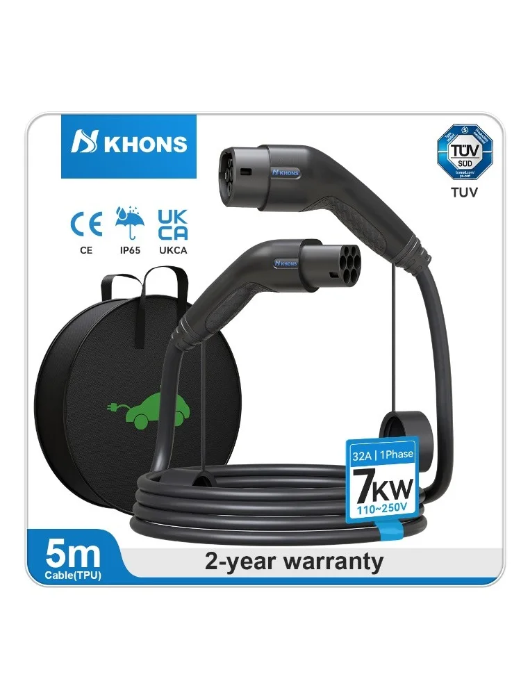 Khons 7KW EV-Kabel Typ2 auf Typ2 Ev-Ladegerät 32A EV-Kabel Typ2 Buchse auf Stecker EVES Ladestationen 5M Kabel TPU IP65