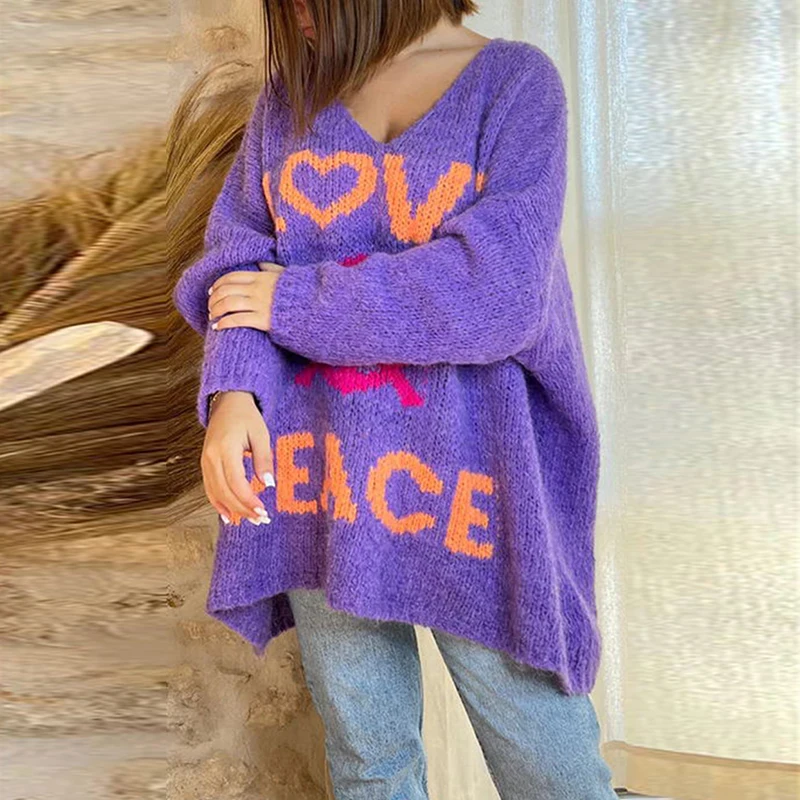 Crocheted Letter PEACE & LOVE Knitted Sweater Women\'s Autumn V-neck Loose Top Pullover Winter Long Sleeve Female Jumper Harajuku