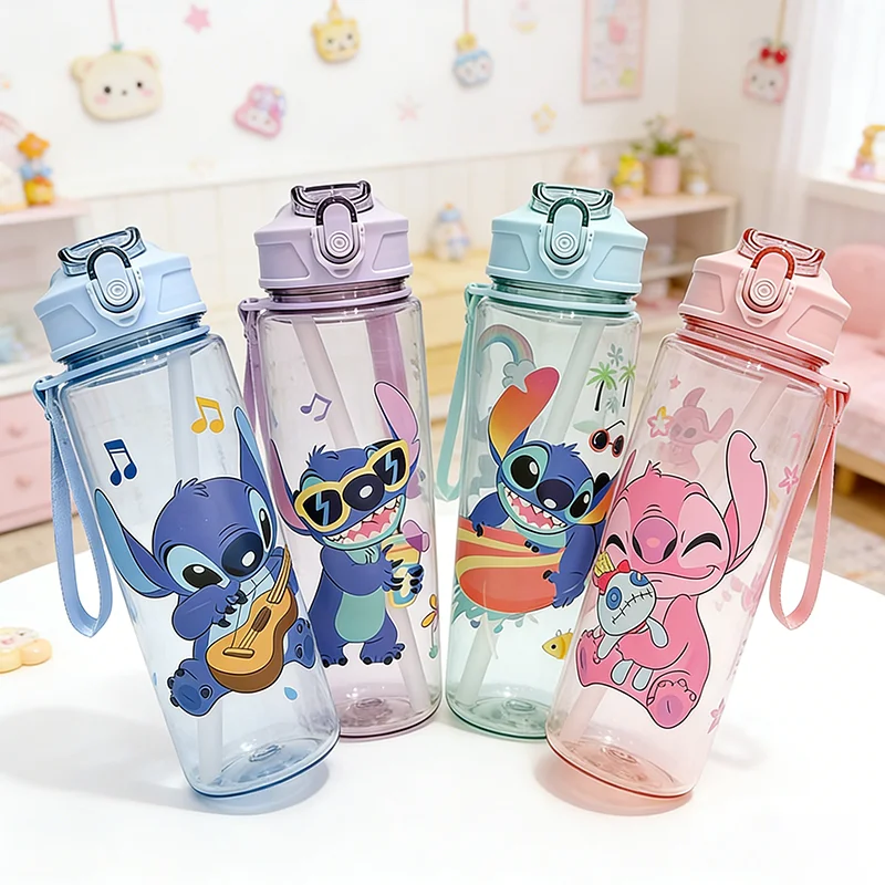 Botella de agua portátil Stitch Angel con pajita emergente, a prueba de fugas, para deportes al aire libre, taza con boquilla, regalos de San Valentín para novias