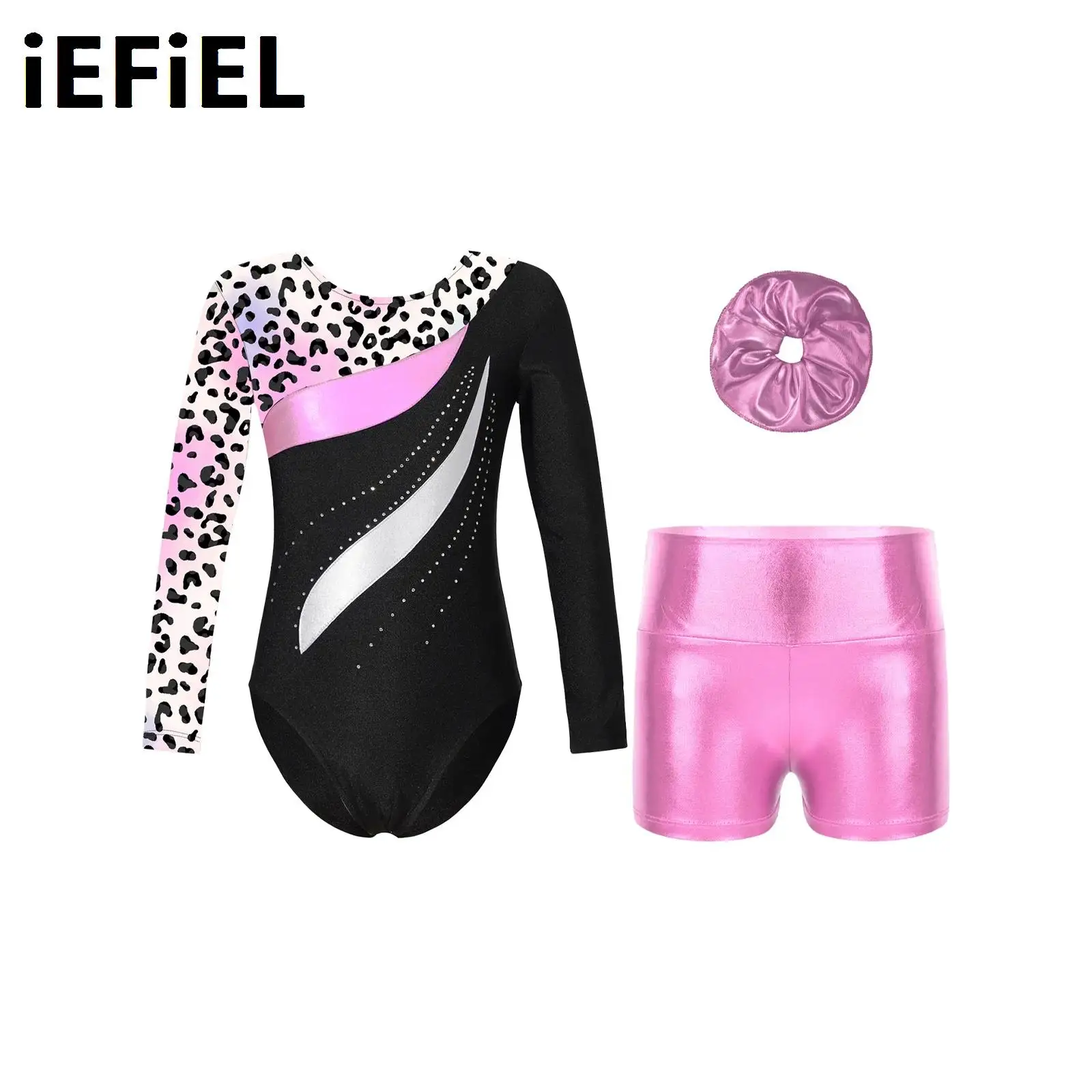 Kids Girls Printed Dance Set Patchwork Leotard with Metallic High Waist Shorts And Hair Tie Headwear for Gymnastics Skating