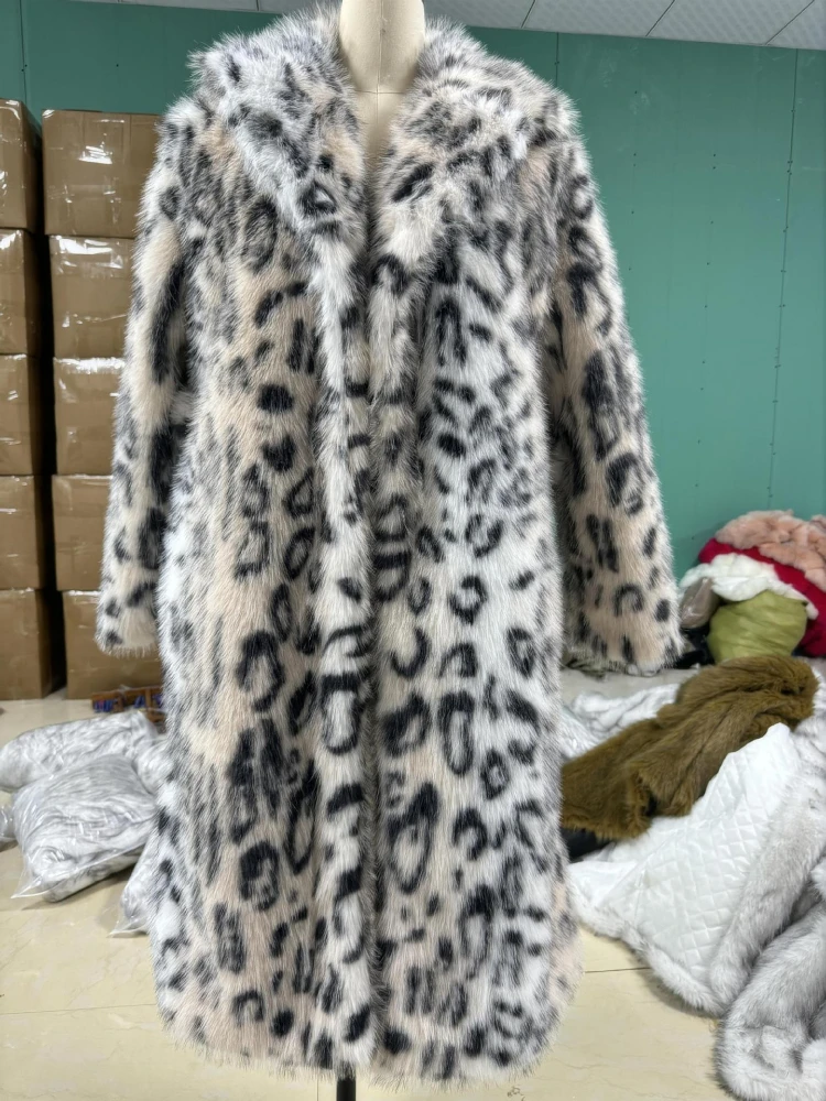 2024 Fashion Leopard Print Jackets Women\'s Winter Coat Mid-Length Suit Collar Thick Warm Long Faux  Fur Coat Fluffy Jacket