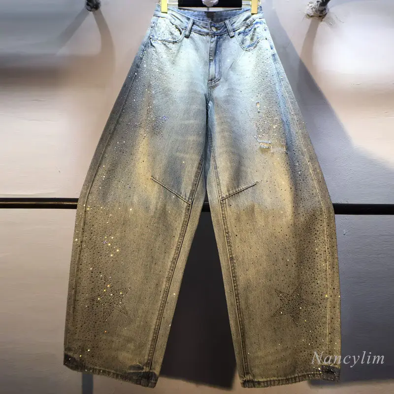 Flash Pants Spring and Summer New High Temperature Hot Diamond Five-star Washed Slimming Look Washed Scimitar Jeans Pants Women