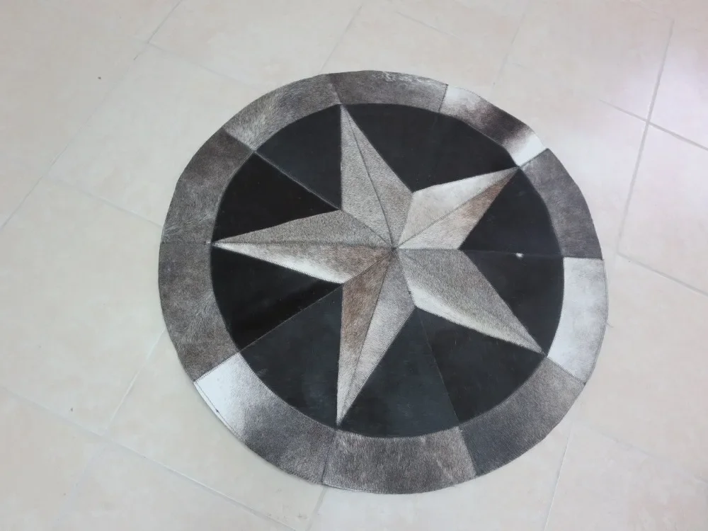 Handmade High Quality Cowhide Rug Leather Cow Hide Steer Patchwork Area Round Carpet Cowskin Rugs  Star Rodeo Smoky Black India