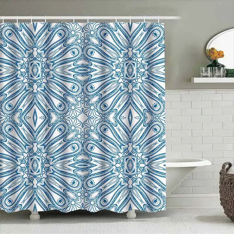 

Luxury Waterproof Shower Curtain Blue and White Floral Pattern Printed Fabric for Bathroom Decor Size 72x84 Inches with Plastic