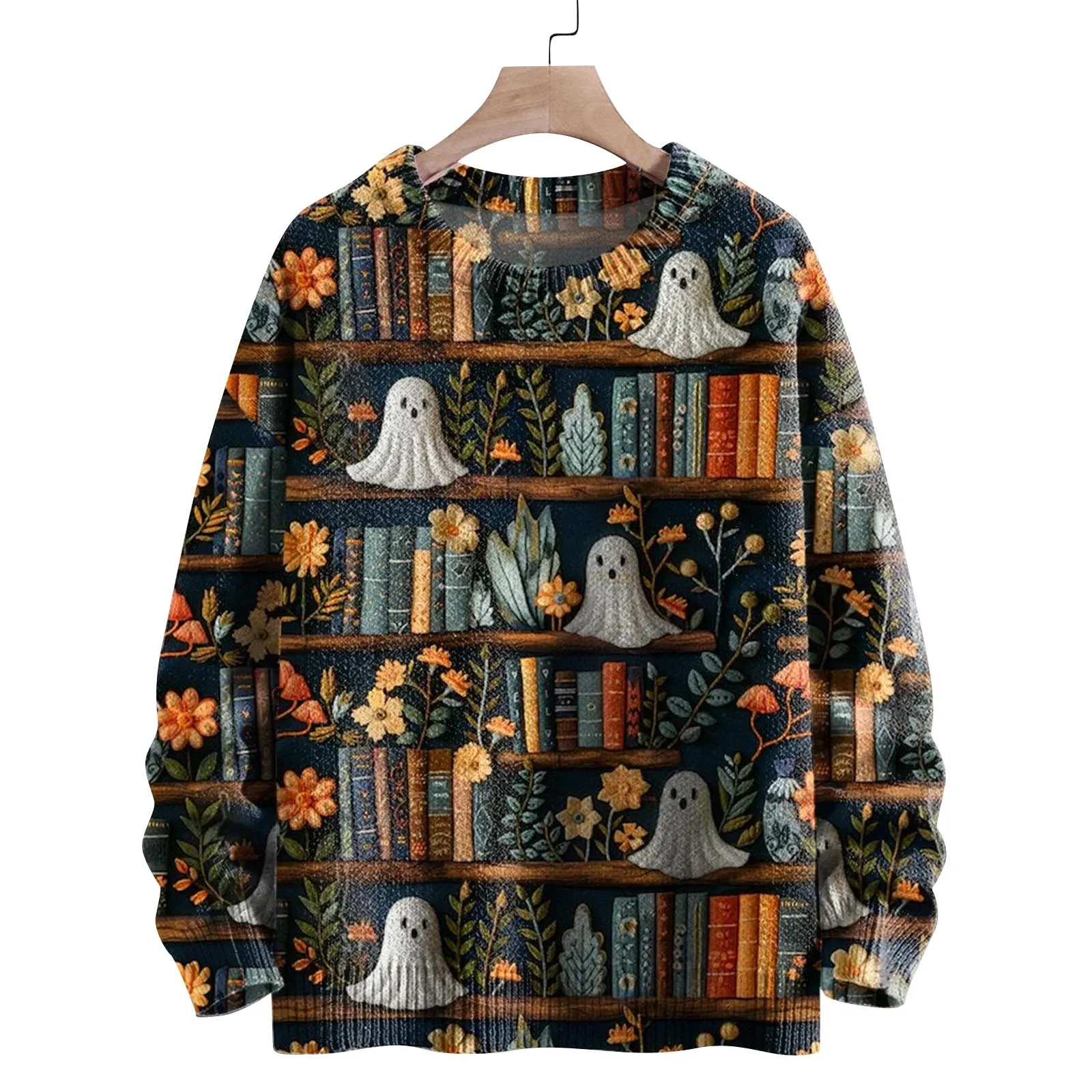 Autumn Women Halloween Theme Cartoon Anime Printed Top Pullover Fashion Striped Thick Knit Round Neck Long Sleeved Sweatshirt