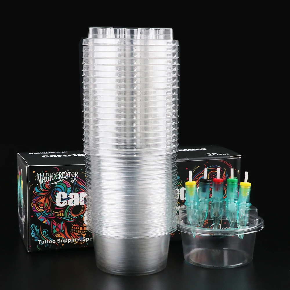 

20PCS Disposable Tattoo Cartridge Cup Holders Transparent Plastic Needle Ink Cleaning Cups Stand Cartridge Holder for
