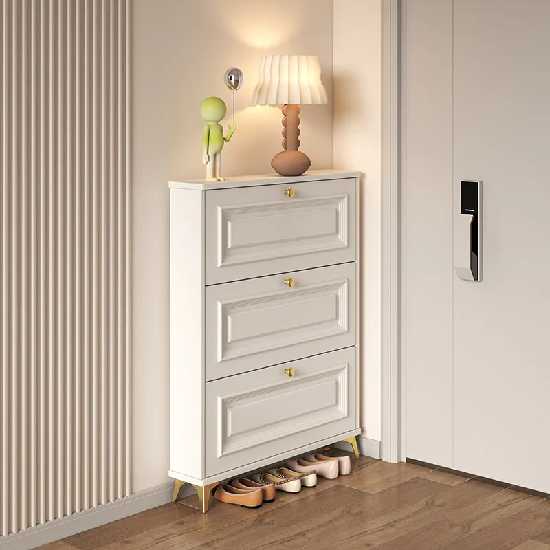 

French Entryway Shoe Cabinet - Creamy Ultra-Narrow Design Wabi-Sabi Shoe Storage Space-Saving Shoe Rack Modern Hallway Organizer