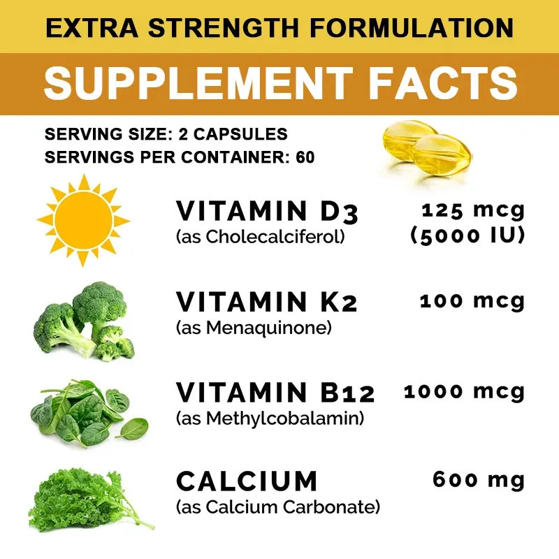 Vitamin K2 and D3 + B12 +Calcium Supplement for Strengthening The Heart, Joints and Bones Non-GMO